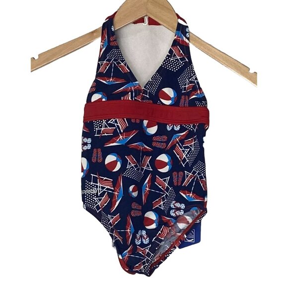NWT Speedo Girls One Piece Swimsuit Blue Red Beach Size 5 - Picture 1 of 9